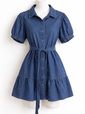 SHEIN curve Denim Button-Front Short Sleeve Dress with Belt - 2xl